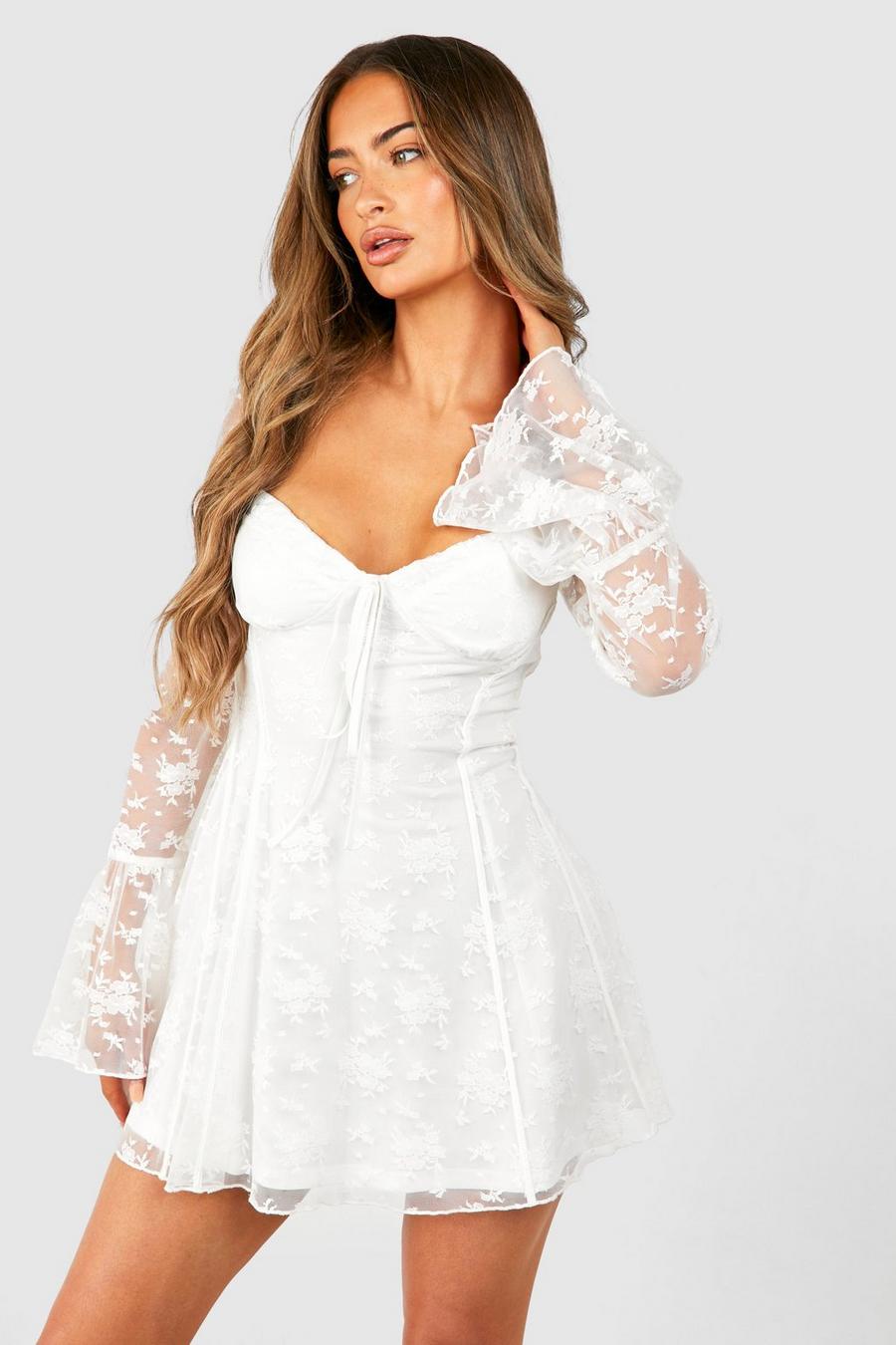White Lace Baby Doll Flare Sleeve Mini Dress image number 1