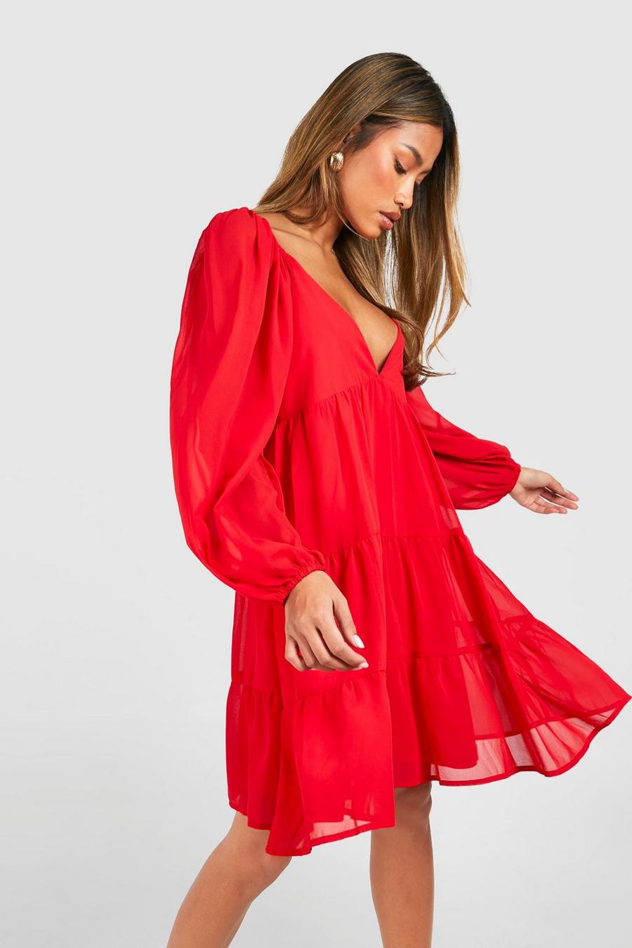 Vestido holgado mini de chifón, Red image number 1