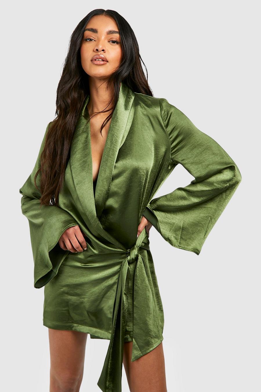 Olive Skjortklänning i satin med omlott image number 1
