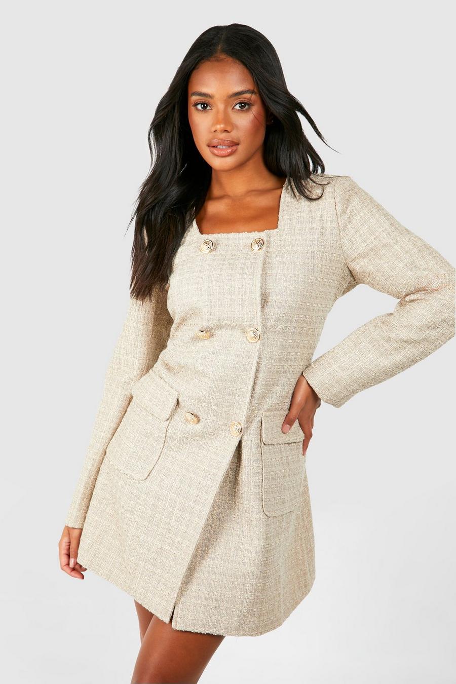 Taupe Boucle Button Detail Blazer Dress image number 1