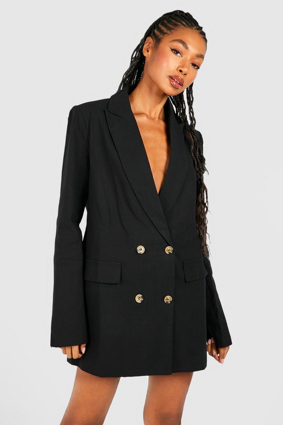 Black Linen Double Breasted Oversized Blazer Dress image number 1
