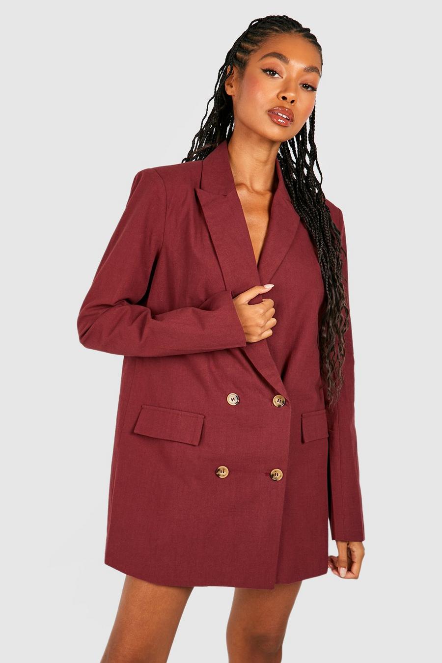 Wine red Linen Double Breasted Oversized Blazer Dress
