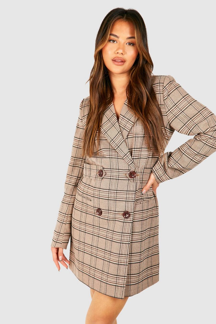 Brown Double Breasted Check Blazer Dress image number 1