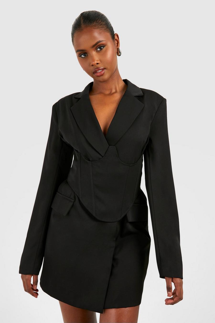 Black Corset Waist Detail Blazer Dress image number 1