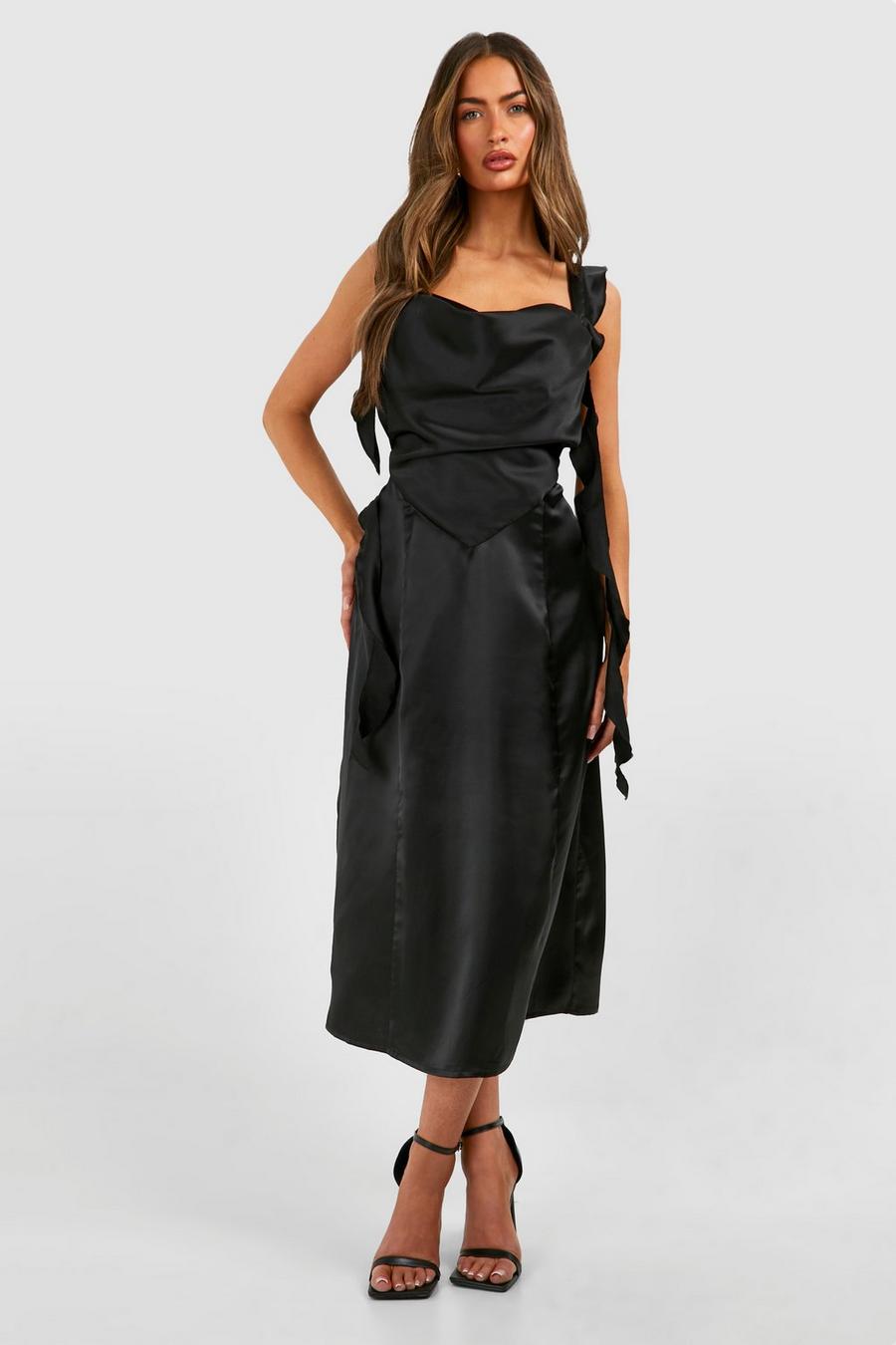 Black Satin Ruffle Midaxi Milkmaid Dress image number 1