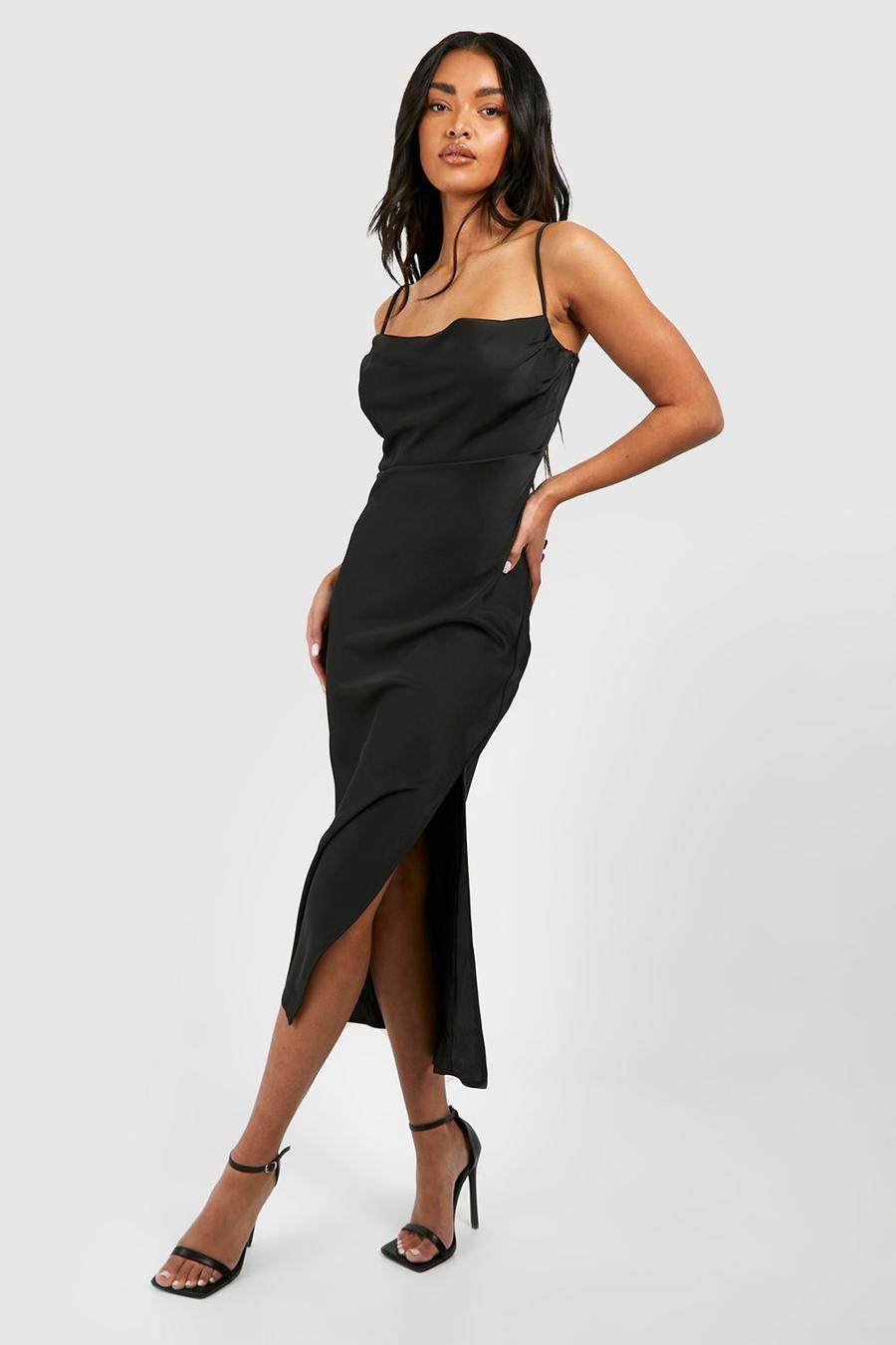 Black Satin Cowl Neck Midi Slip Dress image number 1