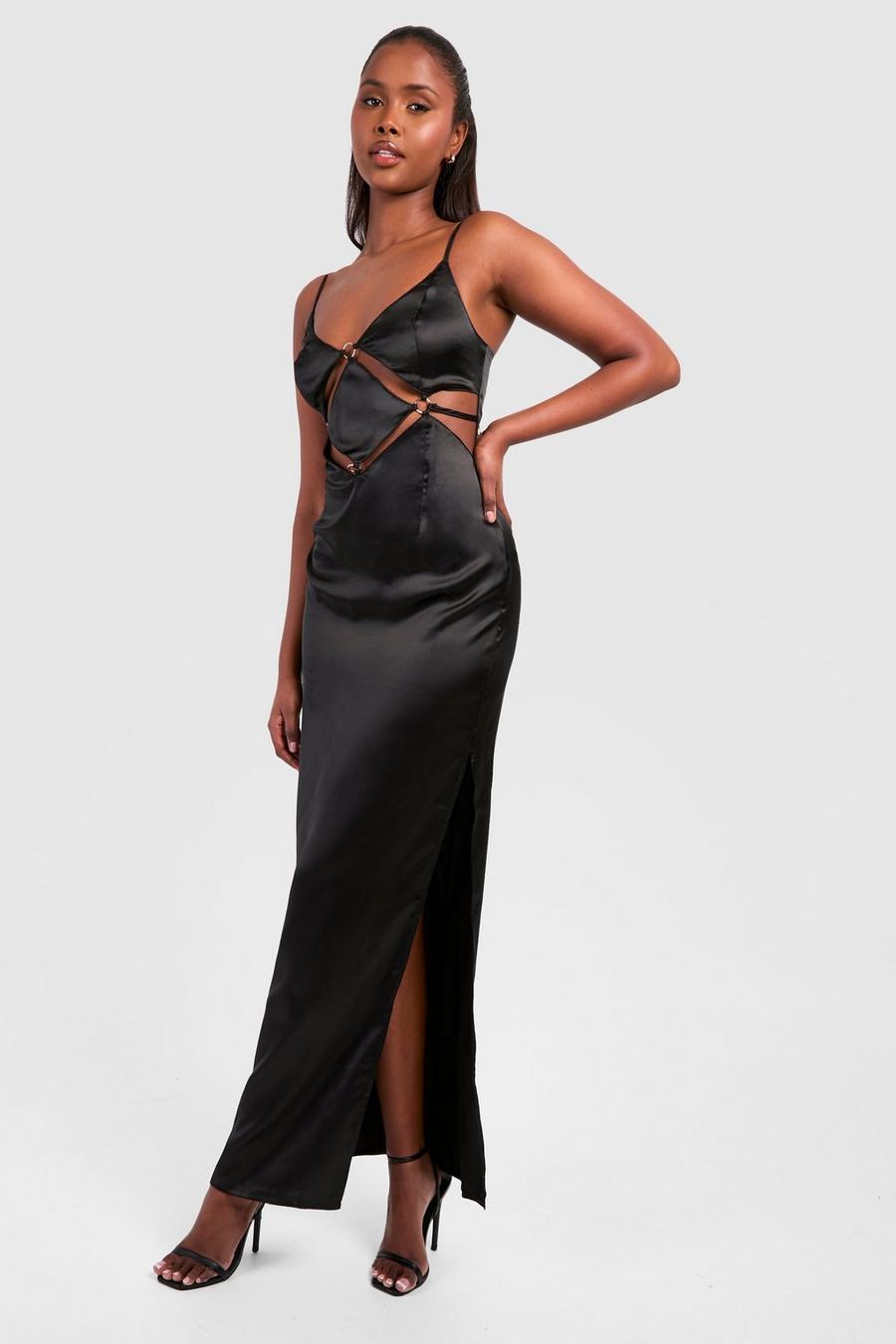 Black Satin Strappy Cut Cut Out Maxi Slip Dress image number 1