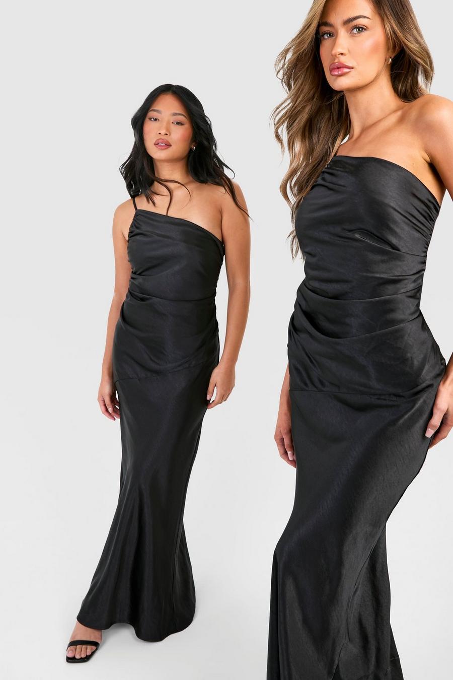 Black Bridesmaid Satin Strappy Asymmetric Maxi Dress image number 1