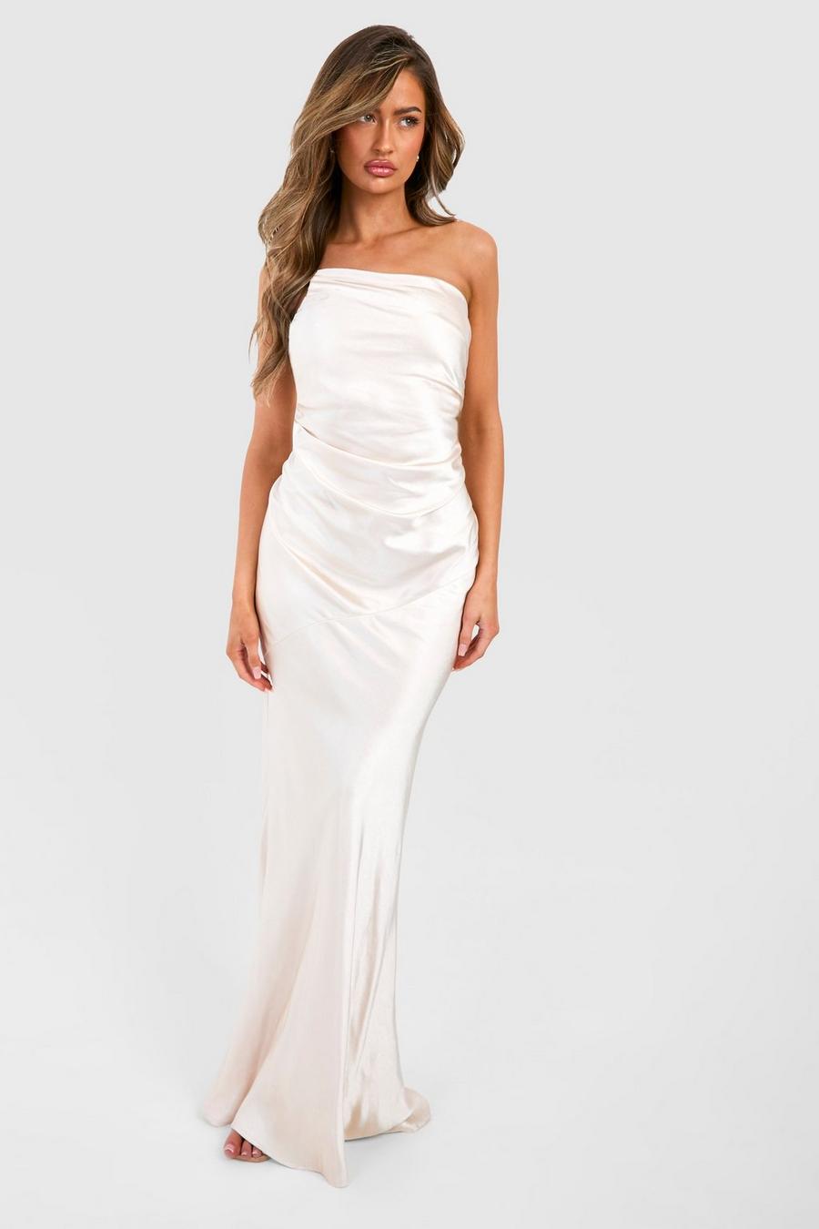 Cream vit Bridesmaid Satin Strappy Asymmetric Maxi Dress