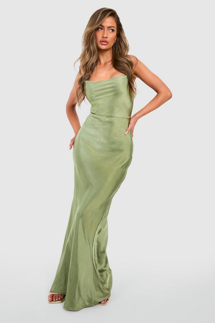 Olive Bridesmaid Satin Strappy Maxi Slip Dress