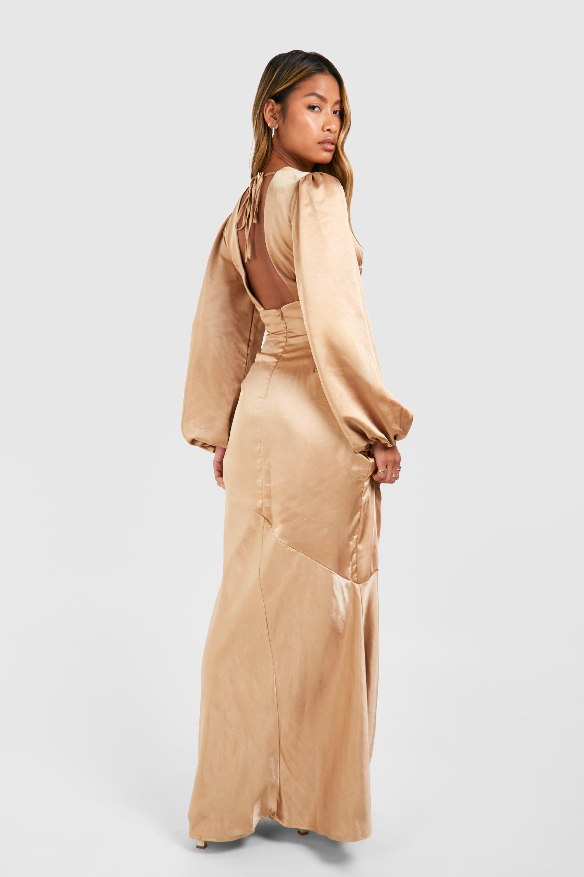 boohoo Bridesmaid Satin Blouson Sleeve Maxi Dress Gold Size 10