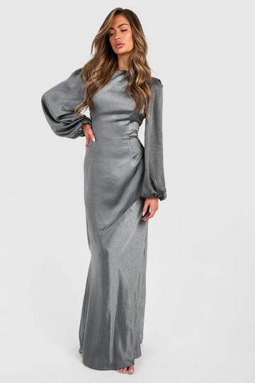 Bridesmaid Satin Blouson Sleeve Maxi Dress gun metal