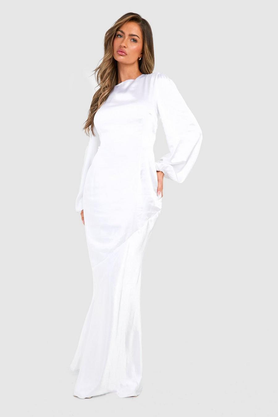 White Bridesmaid Satin Blouson Sleeve Maxi Dress