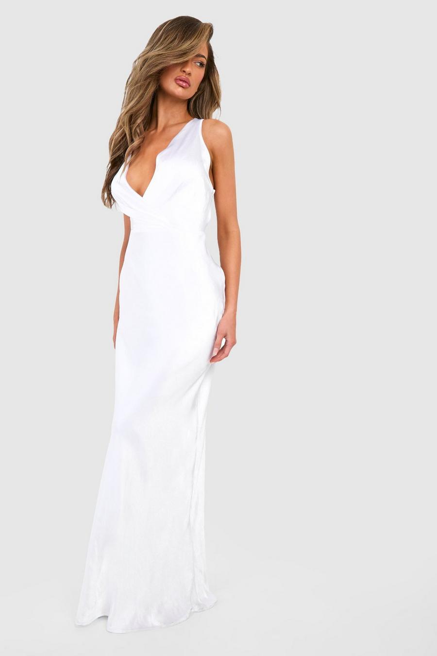 White Bridesmaid Satin Cowl Wrap Front Maxi Dress
