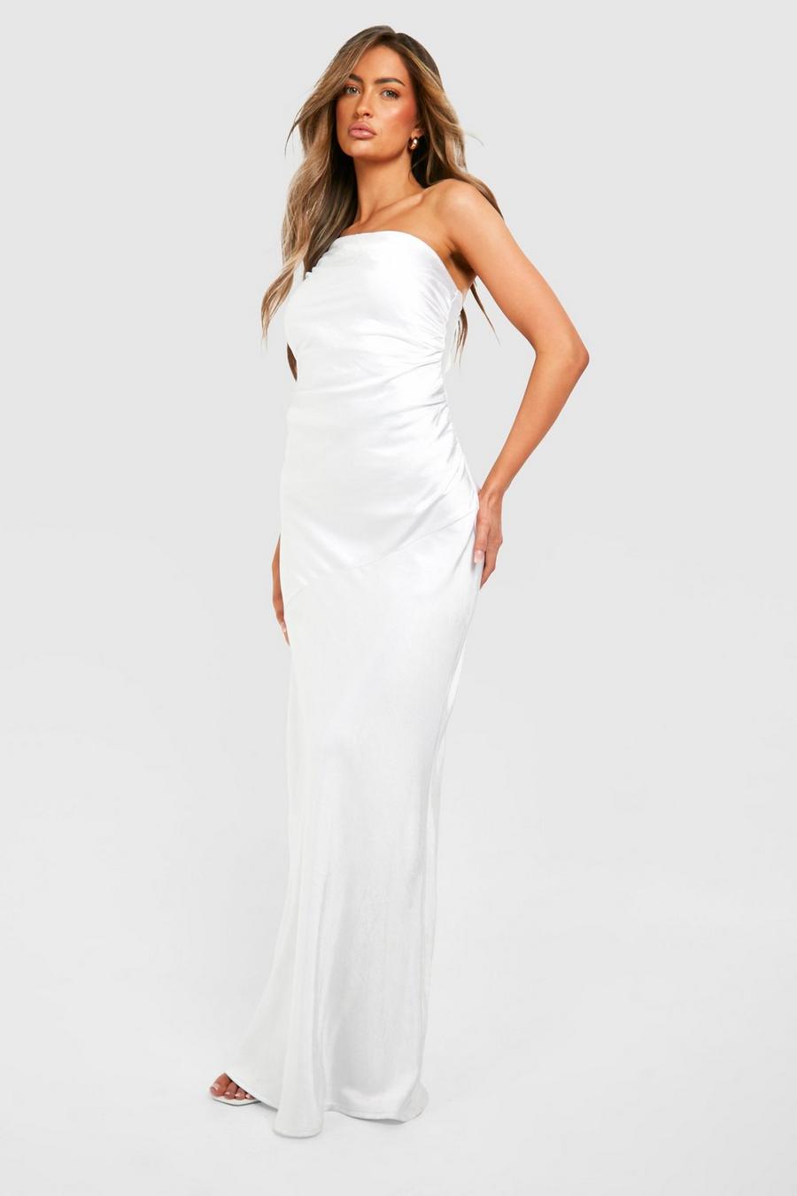 Vestido maxi para dama de honor asimétrico de raso con tirantes, White image number 1