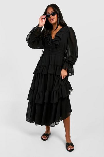 Chiffon Ruffle Detail Midi Smock Dress black