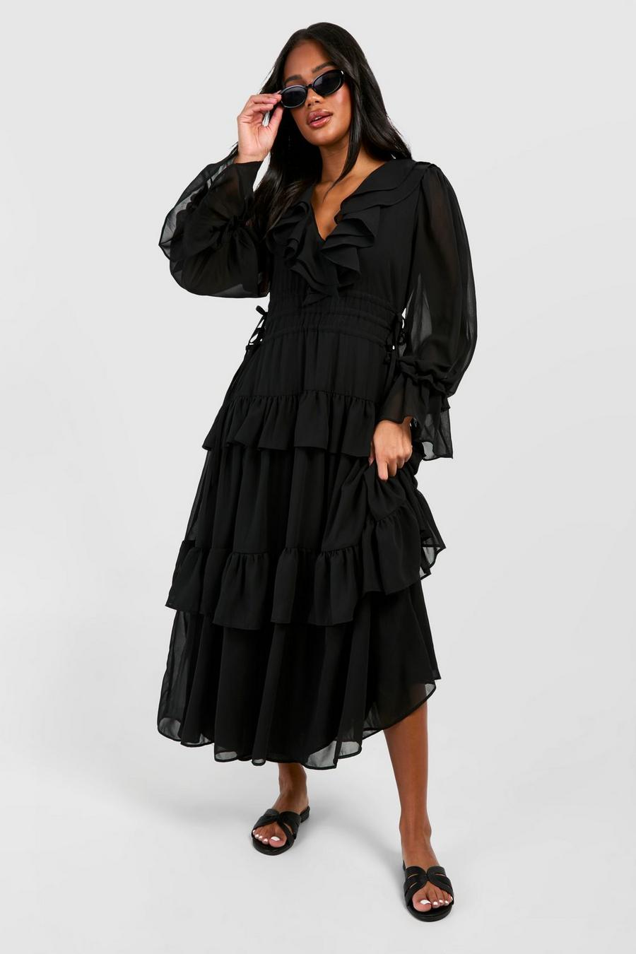 Black Chiffon Ruffle Detail Midaxi Smock Dress image number 1