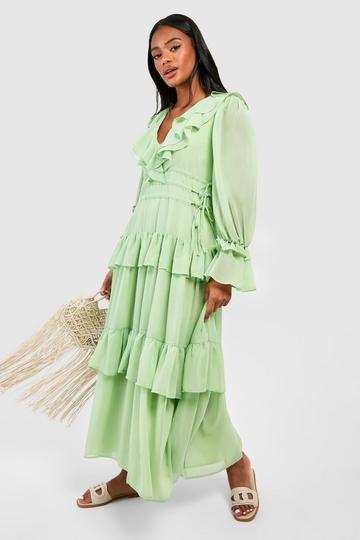 Green Chiffon Ruffle Detail Midaxi Smock Dress