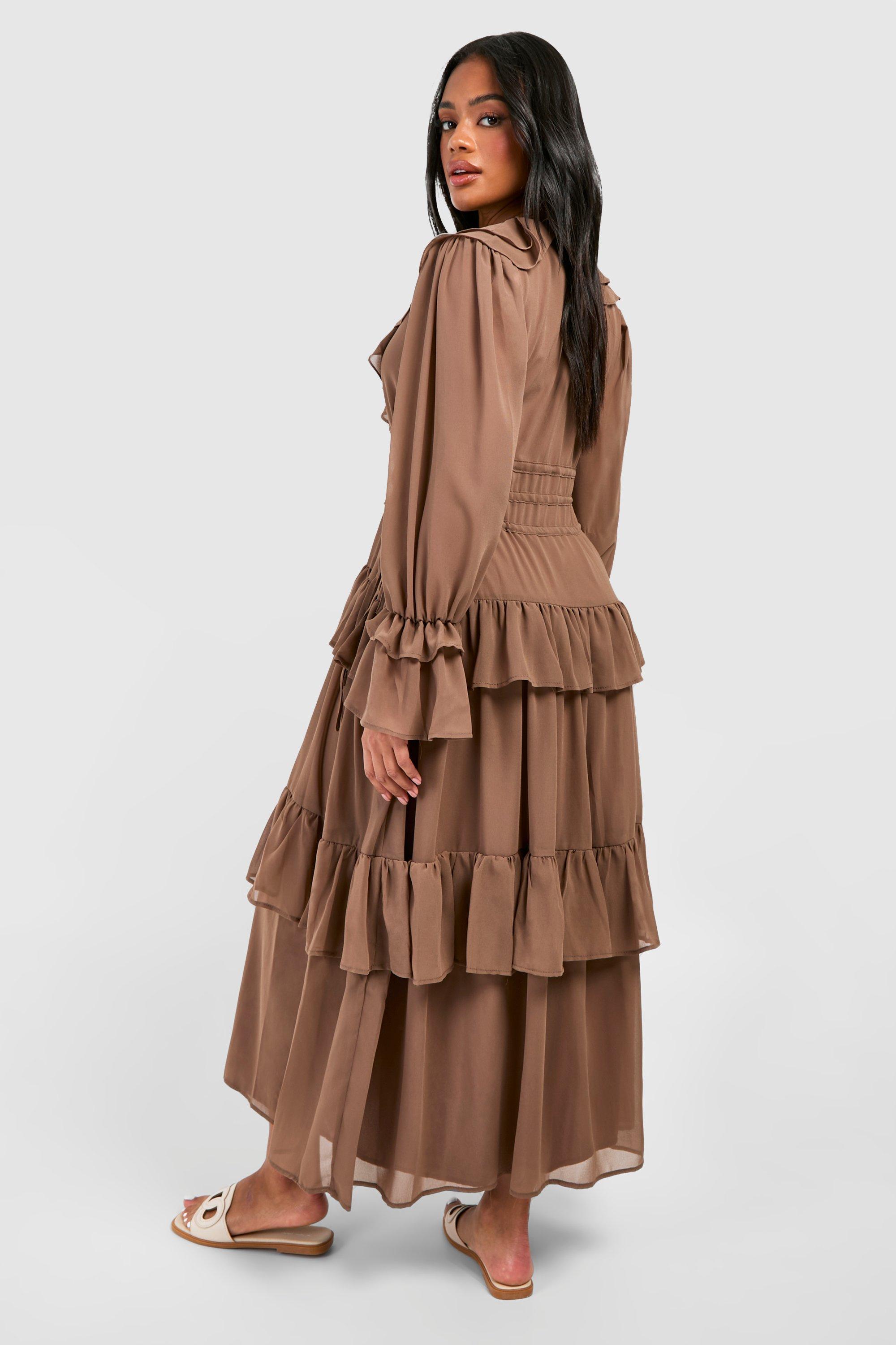 Chiffon Ruffle Detail Midaxi Smock Dress | boohoo