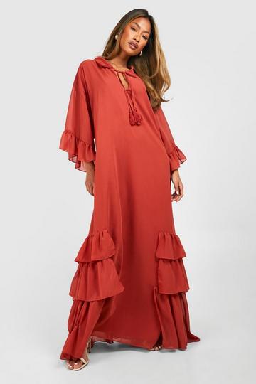 Rust Orange Ruffle Detail Smock Maxi Dress