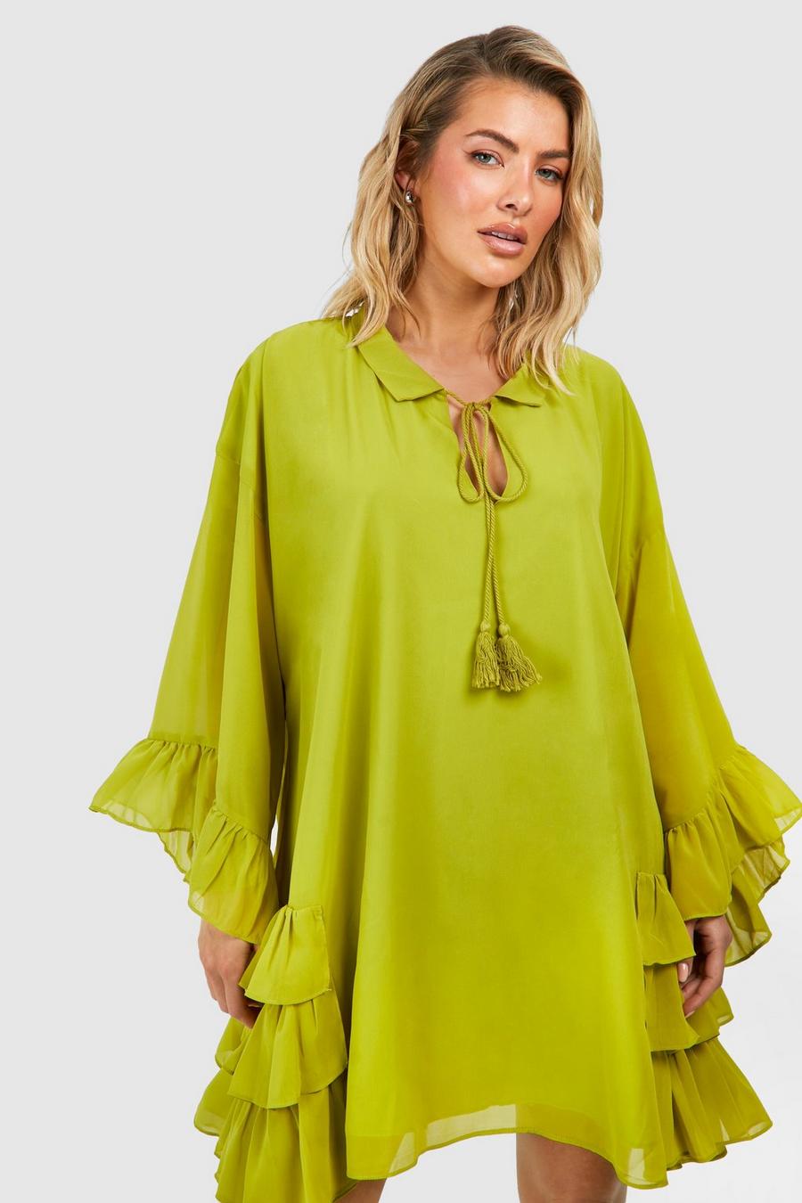 Chartreuse Ruffle Detail Smock Mini Dress image number 1