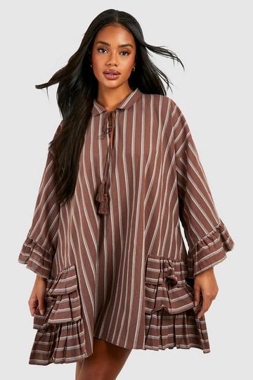 Ruffle Detail Striped Smock Mini Dress chocolate