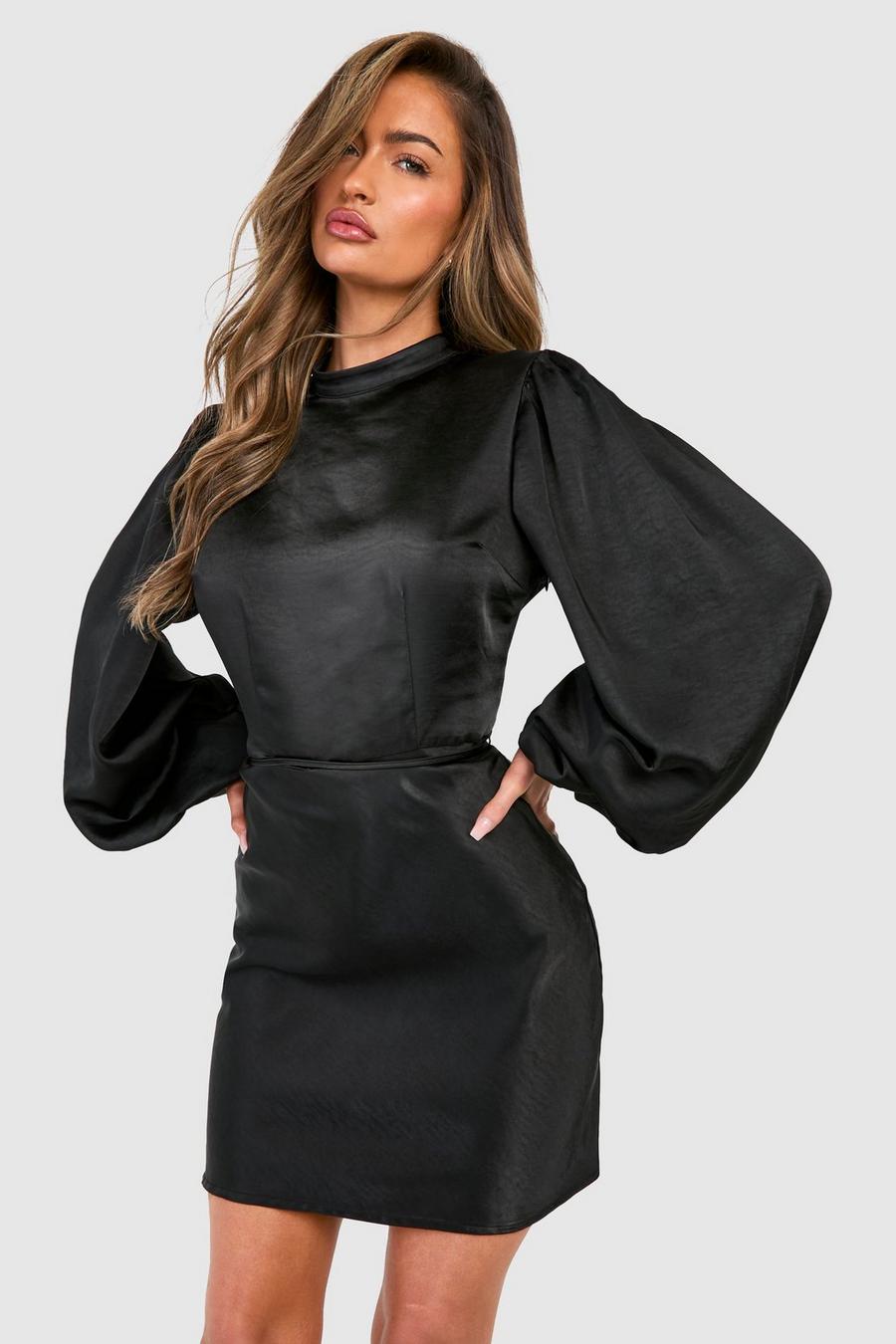 Black Miniklänning i satin med hög hals och ballongärm image number 1
