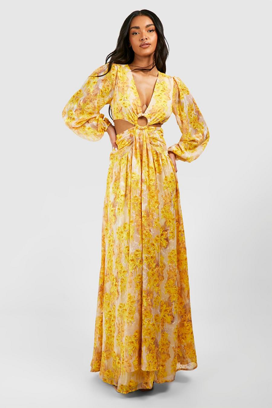 Vestito maxi in chiffon a fiori con cut-out, Yellow image number 1