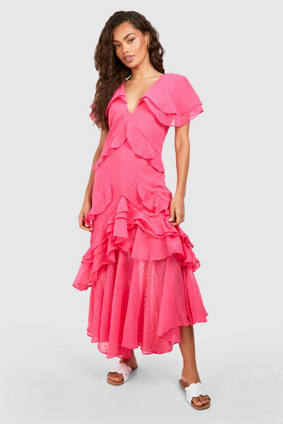 Pink Dobby Frill Detail Maxi Dress