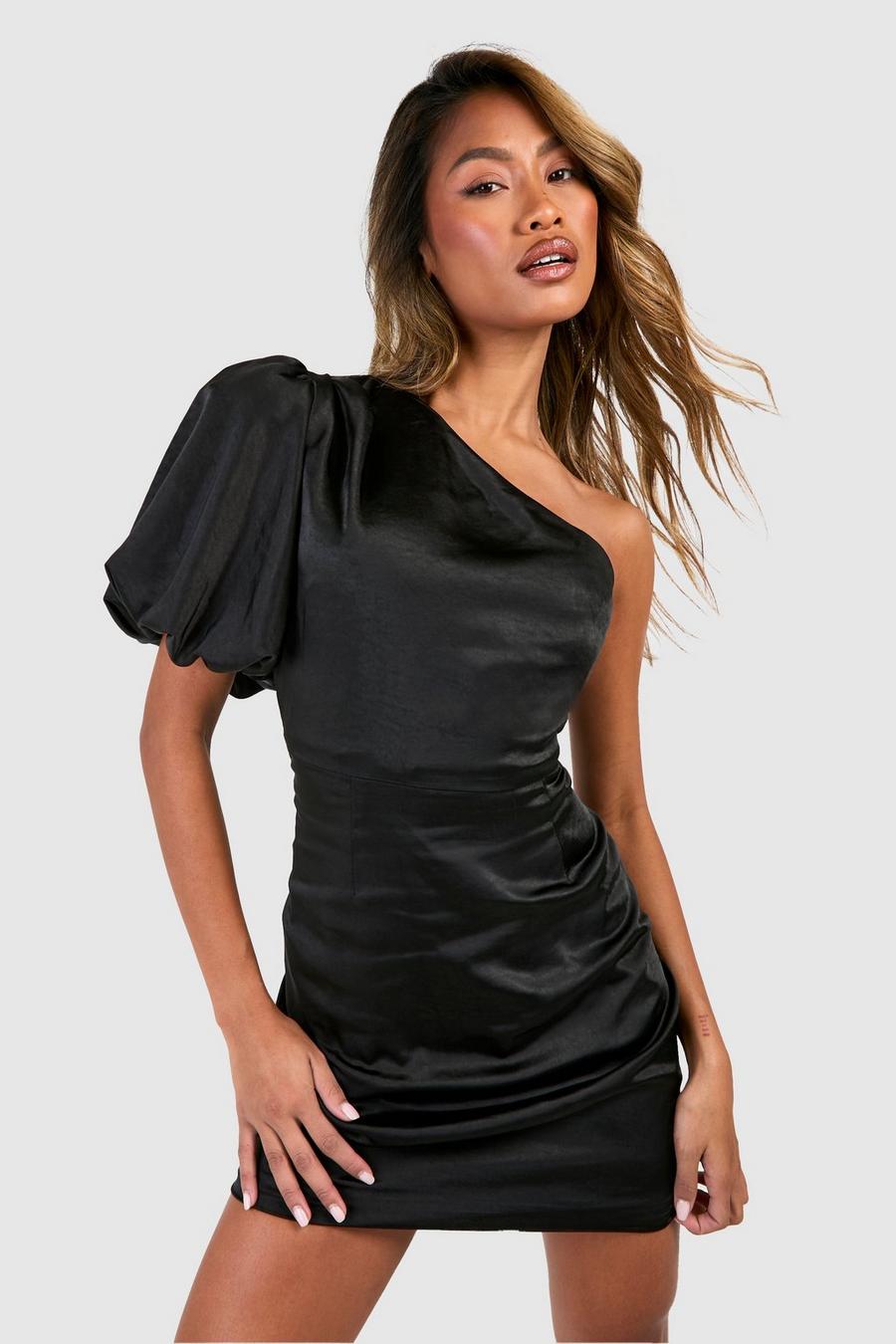 Black Asymmetrisk miniklänning i satin med puffärm image number 1