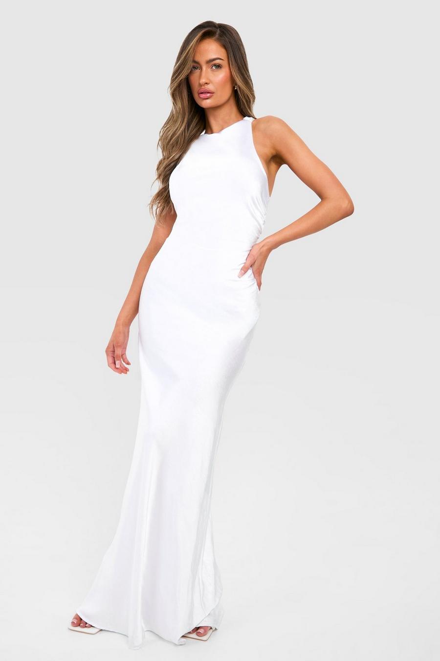 White Bridesmaid Satin High Neck Maxi Dress image number 1