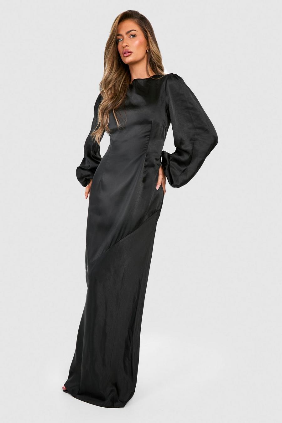 Black svart Bridesmaid Satin Blouson Sleeve Maxi Dress