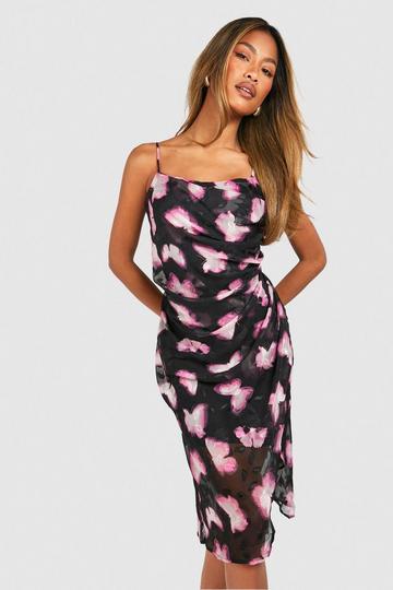 Pink Printed Chiffon Drape Front Midi Slip Dress