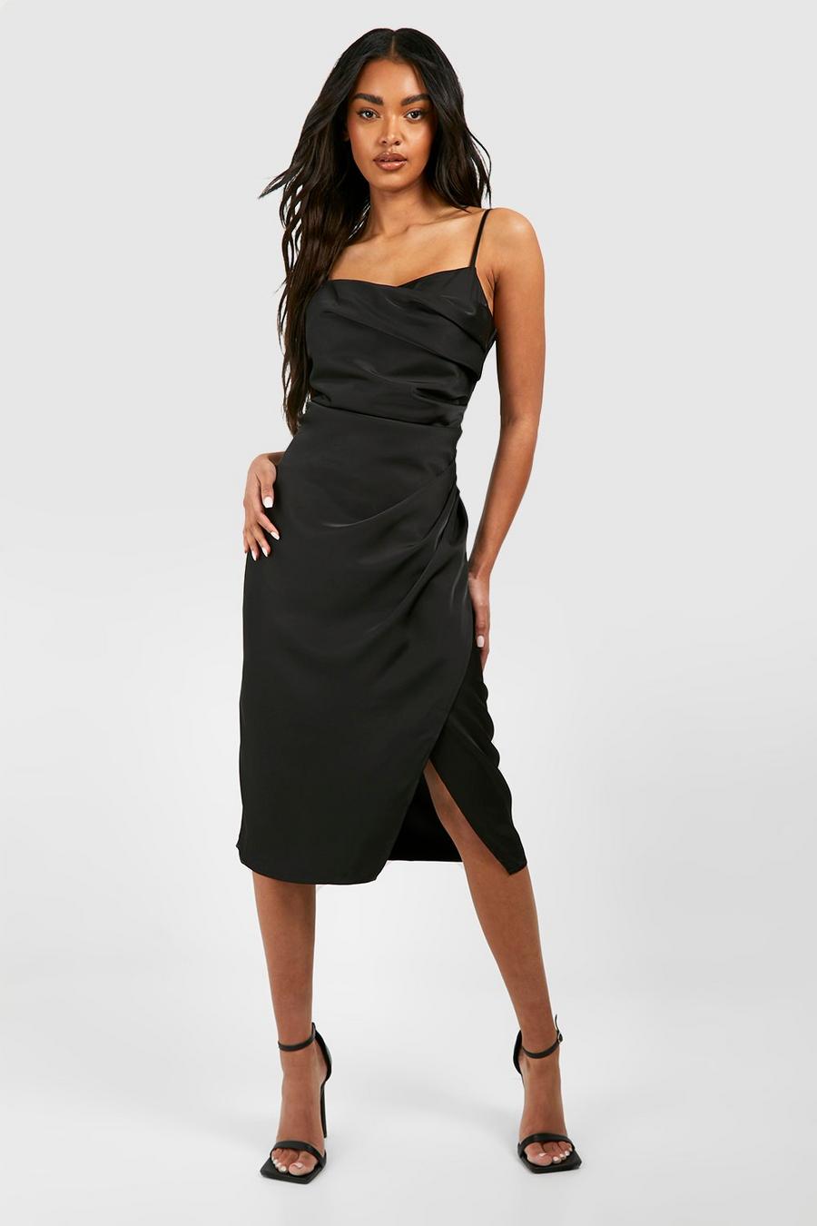 Black Satin Drape Front Midaxi Slip Dress image number 1