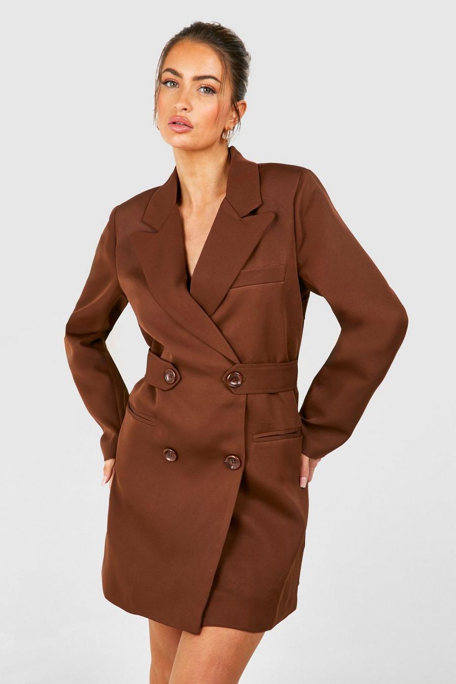 Chocolate Double Breasted Cinched Waist Blazer Dress