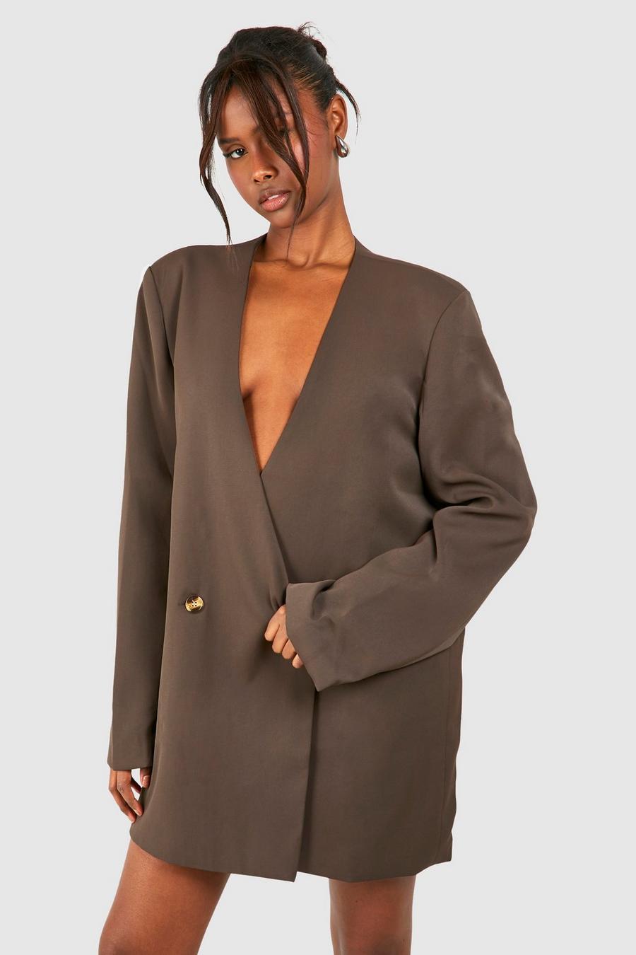 Vestido americana oversize sin cuello, Chocolate image number 1