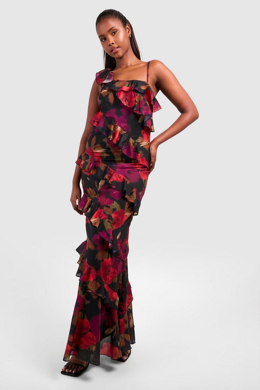 Black Floral Ruffle Asymmetric Maxi Dress