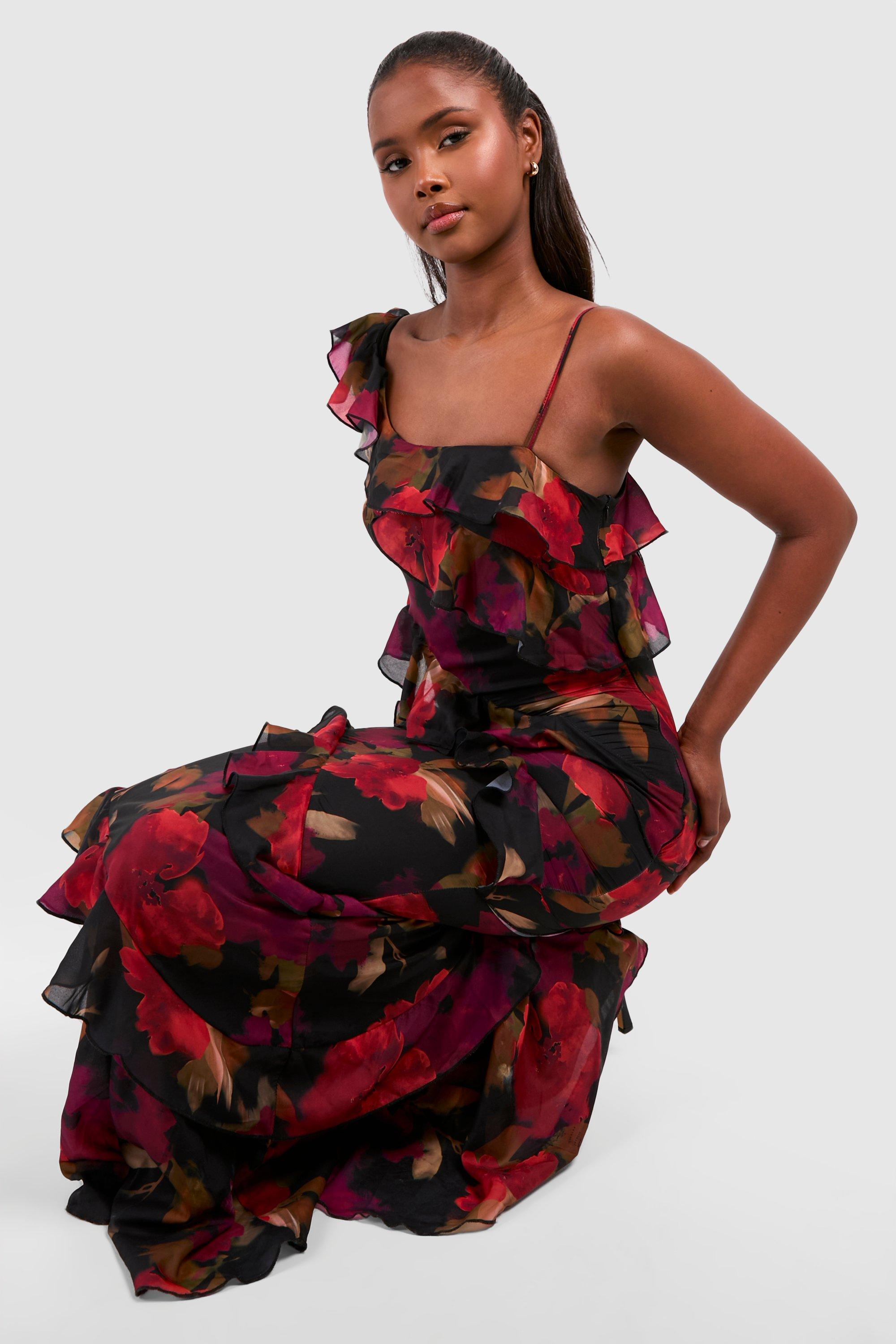 Floral Ruffle Asymmetric Maxi Dress | boohoo USA