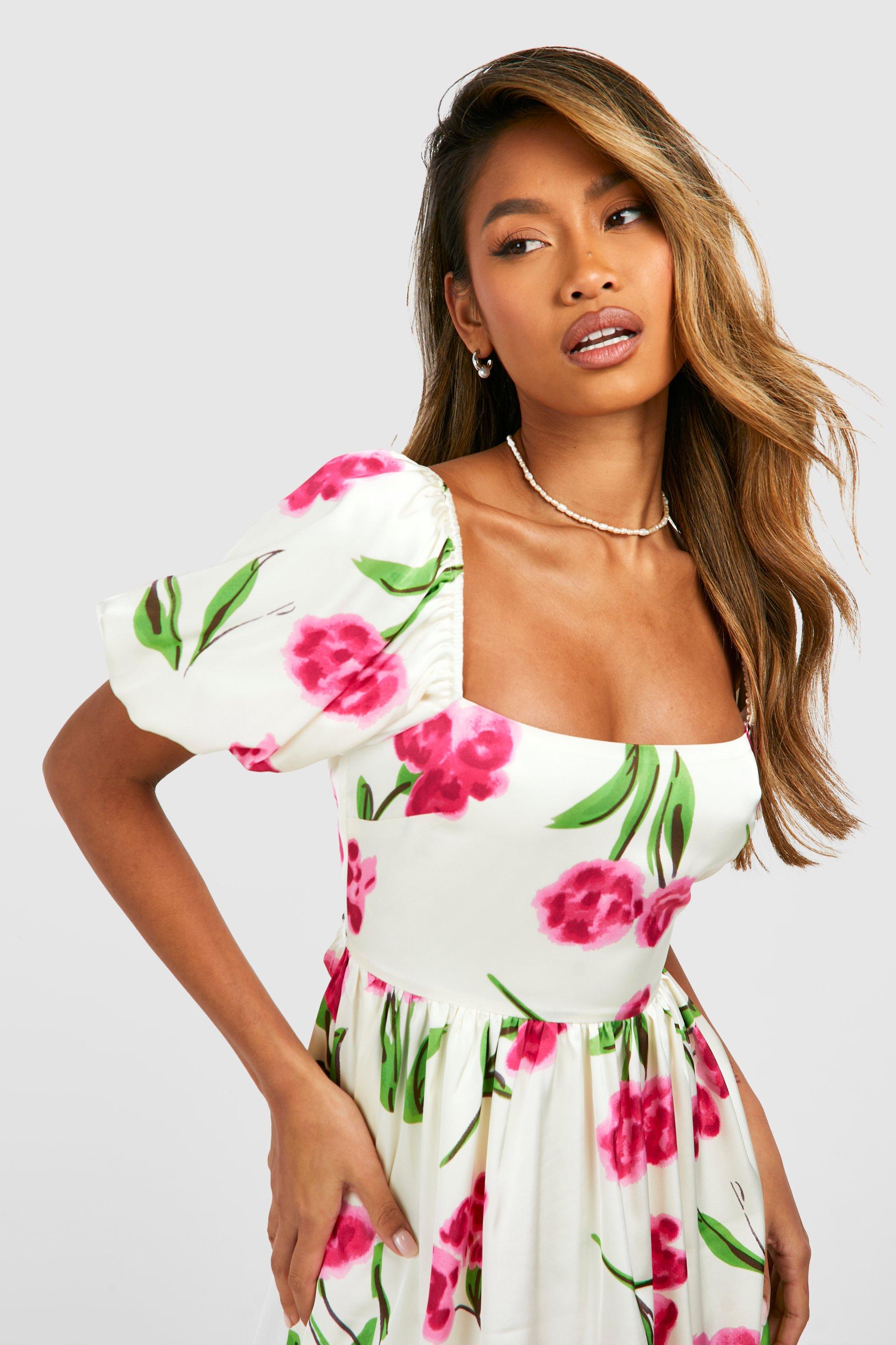 Floral Puff Sleeve Mini Skater Dress