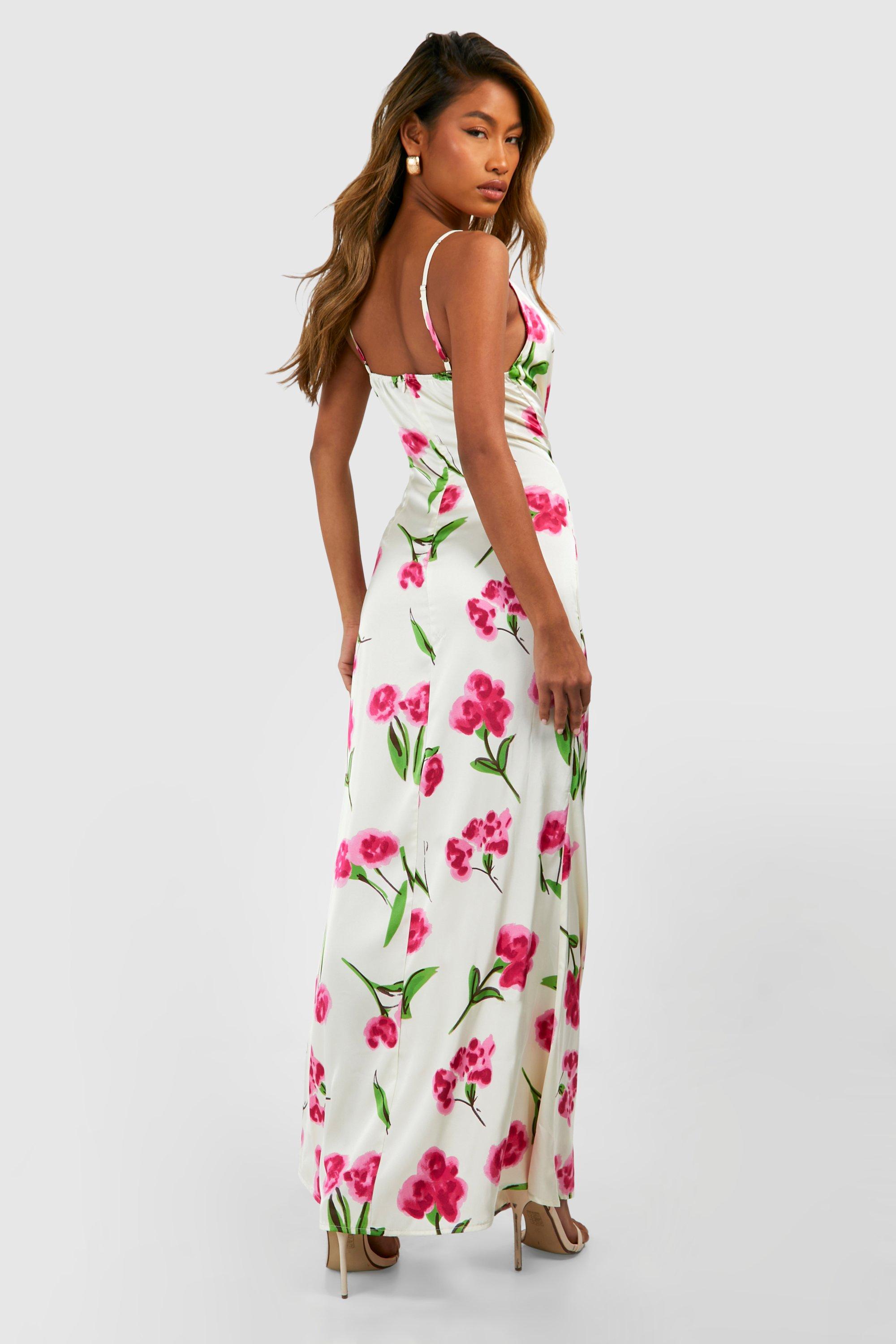 Floral Satin Midi Cowl Slip Dress