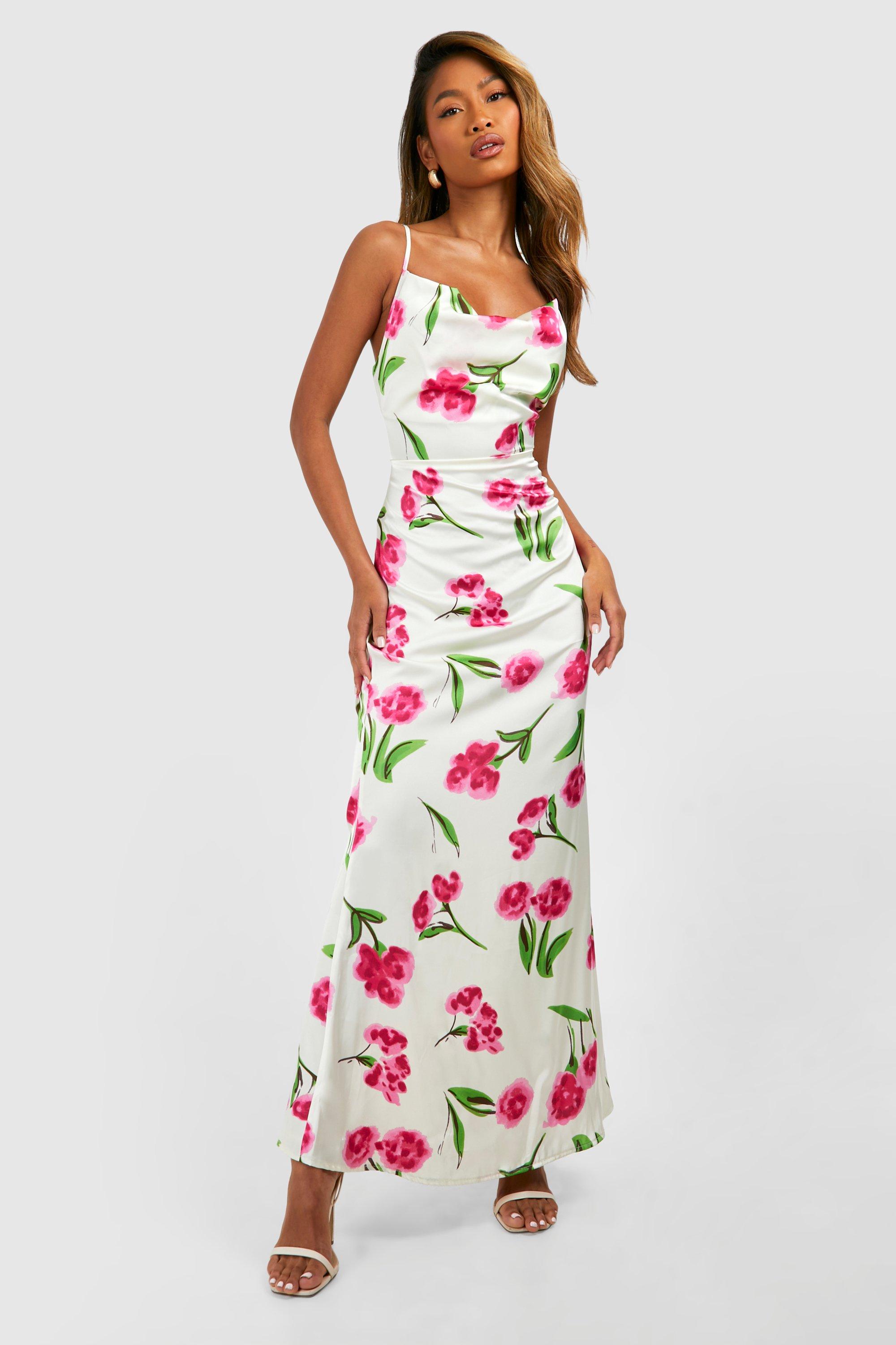 Floral Satin Midi Cowl Slip Dress