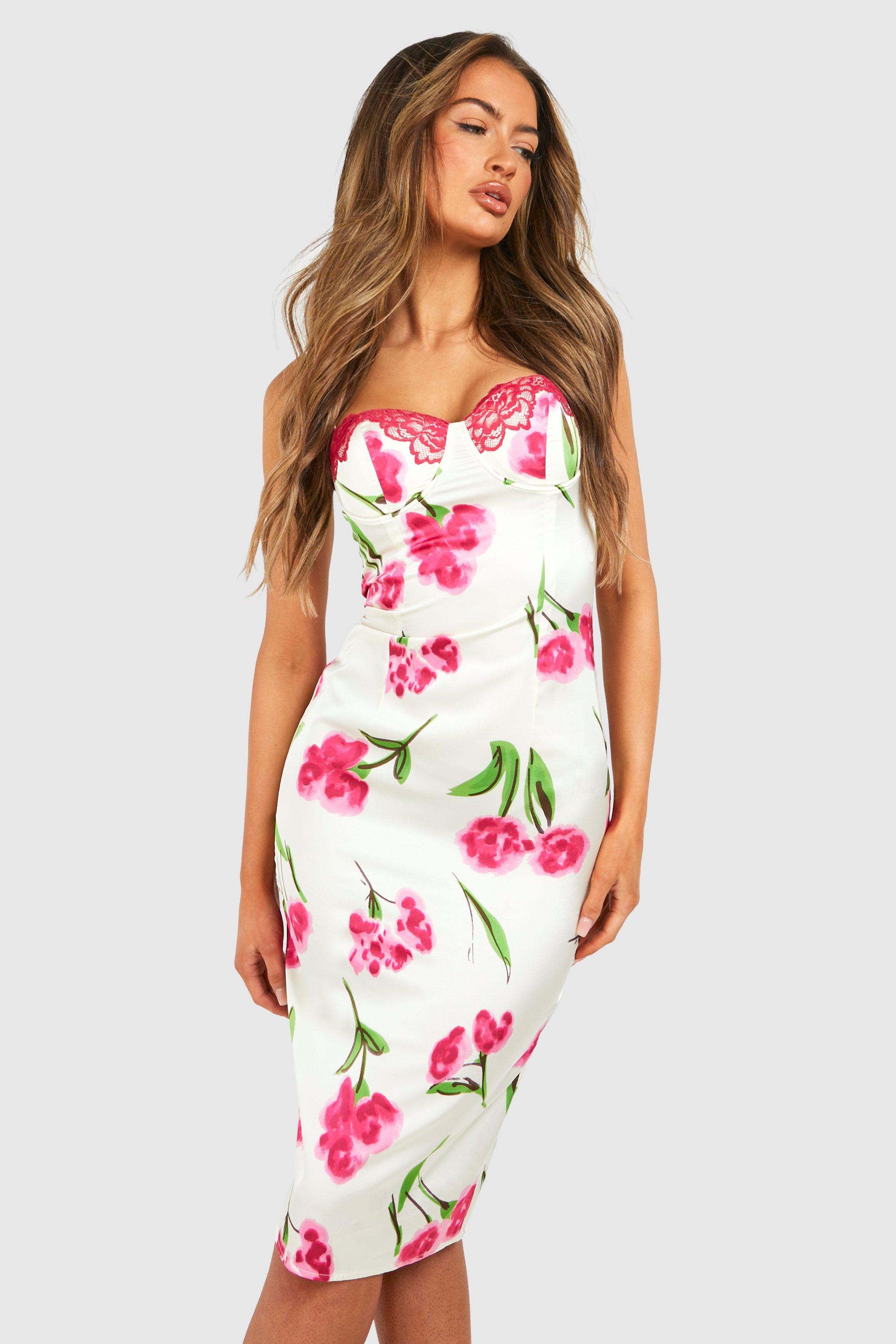 Boohoo Women s Floral Satin Corset Midi Dress
