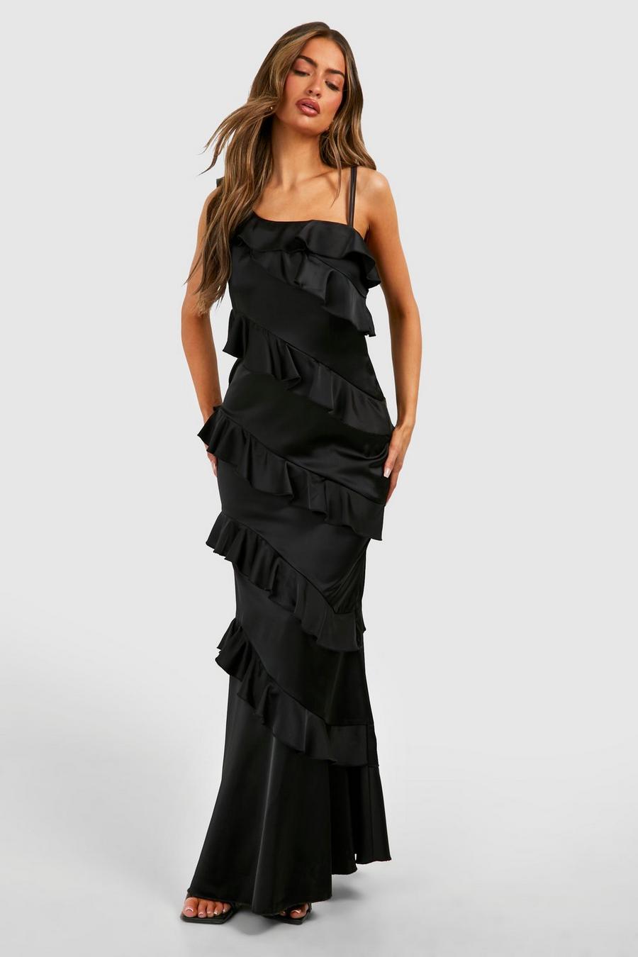 Black Satin Ruffle Asymmetric Maxi Dress