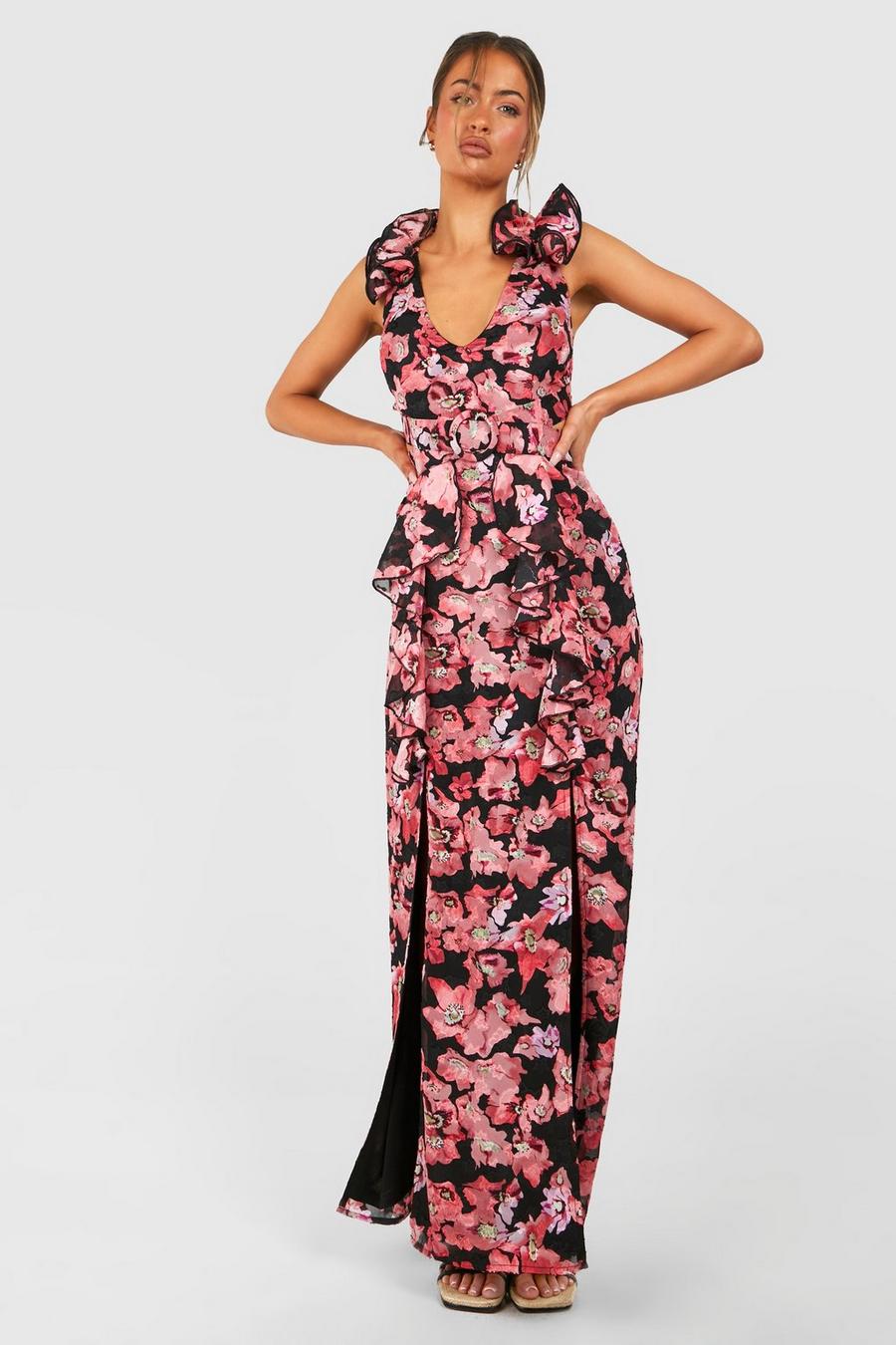 Pink rose Textured Floral Cut Out Ring Detail Maxi Dress