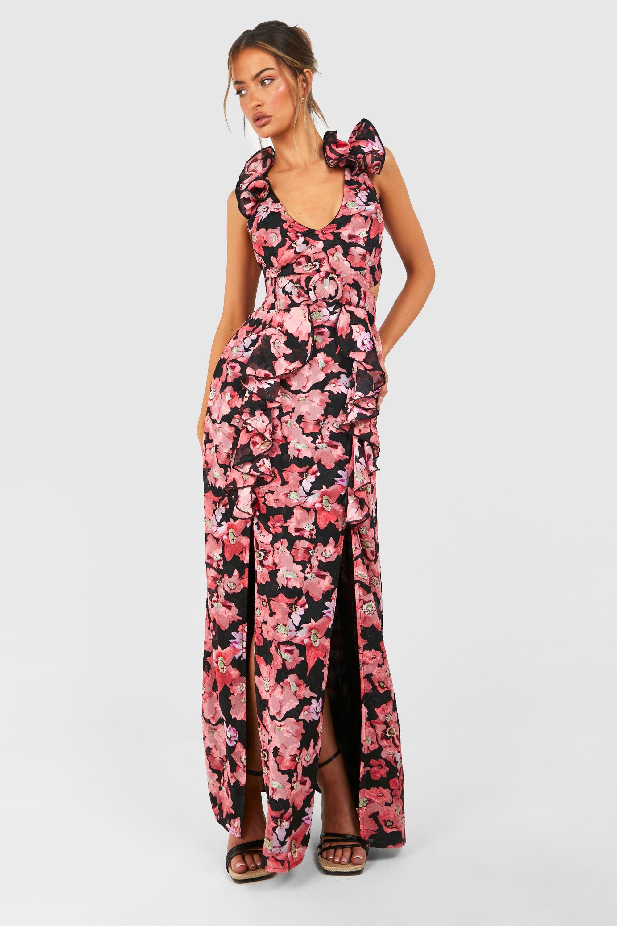 Textured Floral Cut Out Ring Detail Maxi Dress