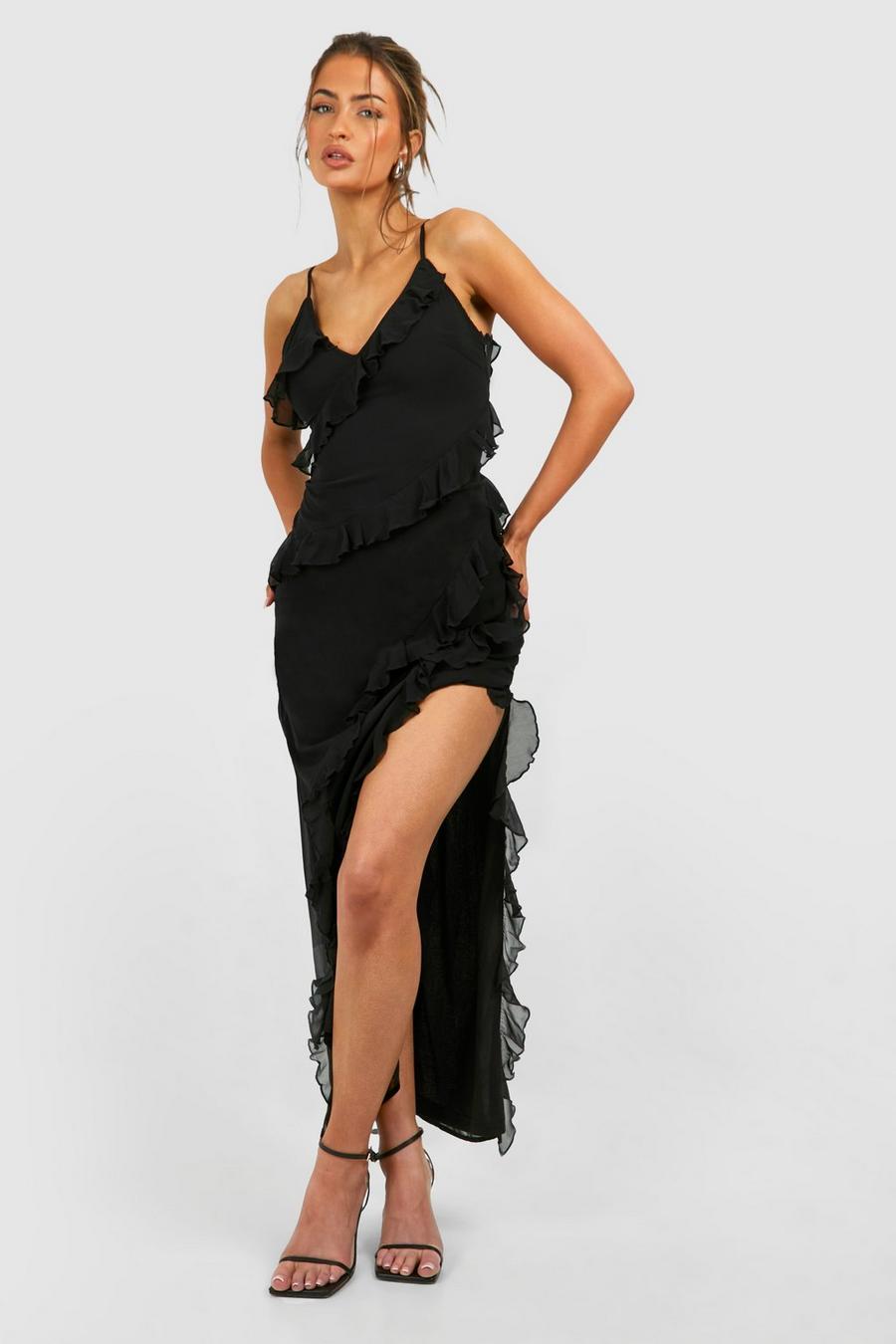 Black Chiffon Ruffle Maxi Slip Dress image number 1
