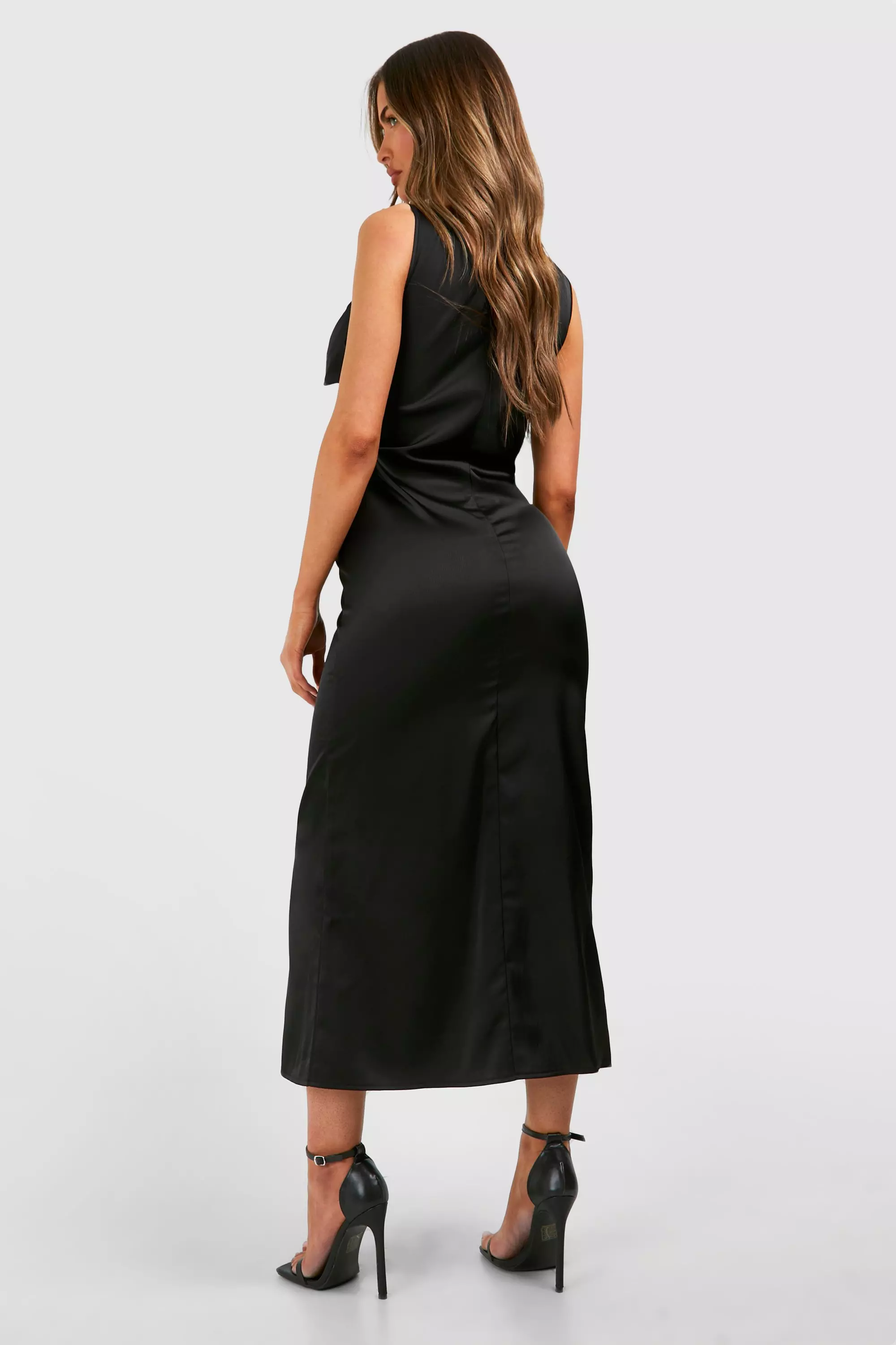 Black Satin Cut Out Midaxi Slip Dress صورة بديلة