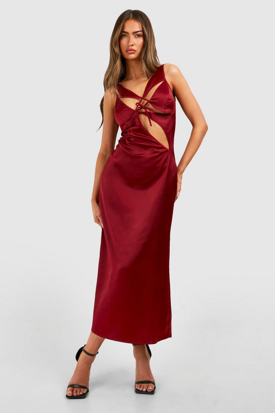 Vestito pull-on longuette in raso con cut-out, Burgundy image number 1