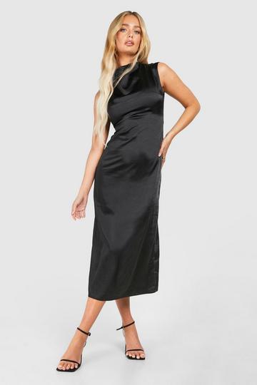 Satin High Neck Cap Sleeve Midaxi Dress black