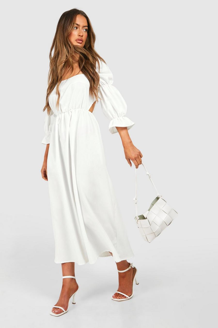 White Poplin Puff Sleeve Midaxi Dress image number 1